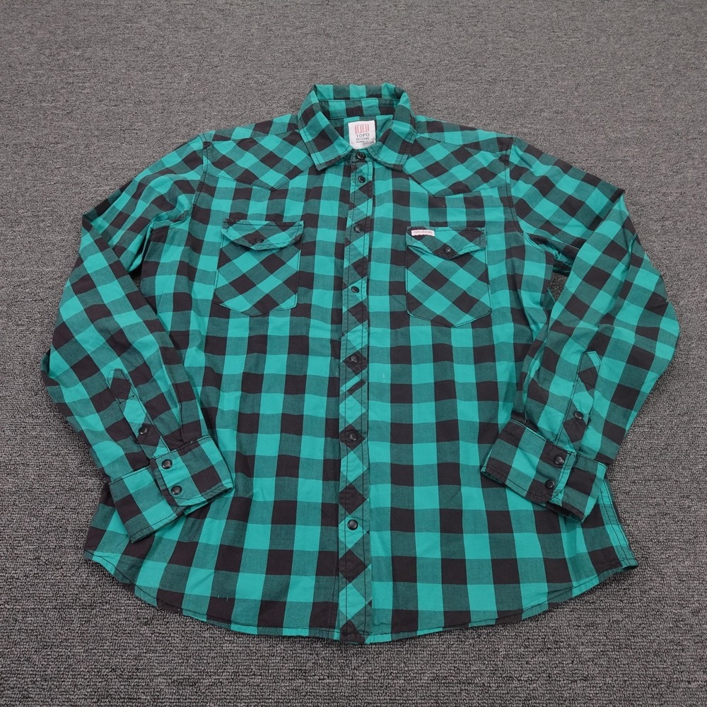 Topo Designs Shirt Mens Large Green Plaid Flannel Long Sleeve Western Snap USA